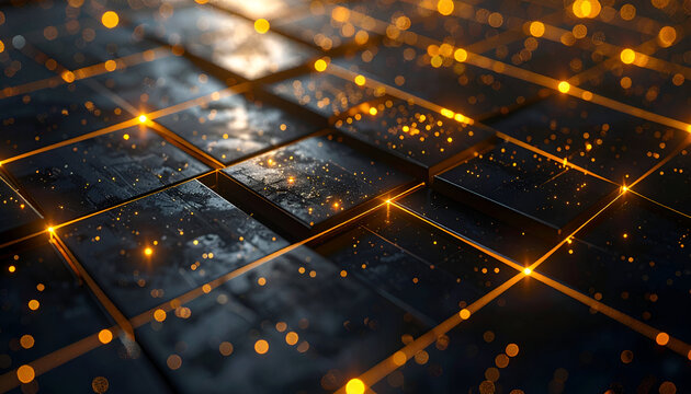 Abstract digital network with glowing lines and dots on a textured, tiled surface