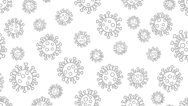 Medical pattern of various virus and bacteria cell structures in a simple black and white line drawing style on white.