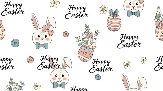 Adorable easter pattern featuring bunny faces decorated eggs and spring flowers with happy easter text for festive decorations.