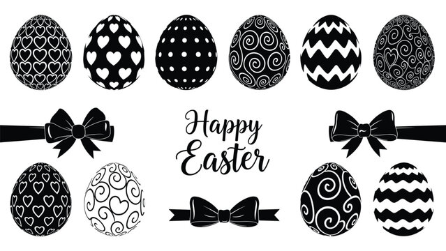Black and white Happy Easter design featuring various patterned eggs with bows and elegant script text on a white background.