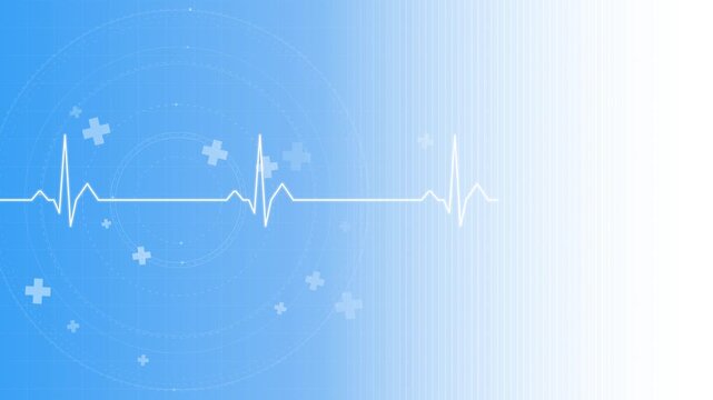Abstract medical background loop featuring white healthcare cross icons and an EKG heart rate pulse wave line moving over a blue gradient backdrop. Perfect for clinical presentation slides