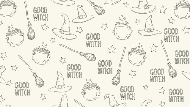 Good witch themed pattern contains whimsical hats bubbling cauldrons magic brooms and stars in a simple line art style for halloween fun.