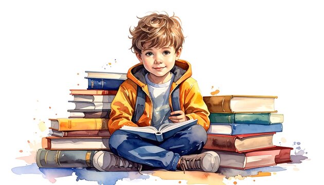 A young child with curly hair smiles while sitting amid stacked books, wearing a jacket, as if reading
