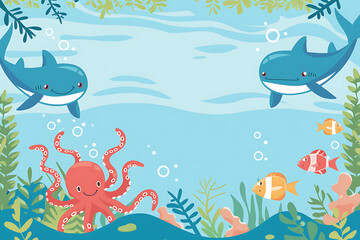 Fototapeta premium Flat vector cartoon underwater sea life scenery offering clean central layout space for preschool environmental education infographic poster