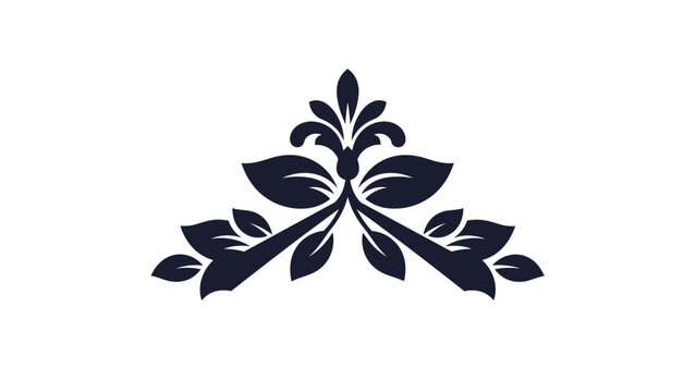 Symmetrical black silhouette of a floral ornament features stylized leaves and scrolls as a central decorative element for design projects.
