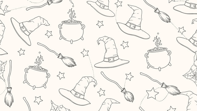 Whimsical halloween pattern shows witch hats magic brooms and bubbling cauldrons in a simple sketch style on a light beige background.