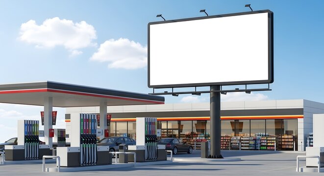 Gas station with blank billboard and fuel pumps