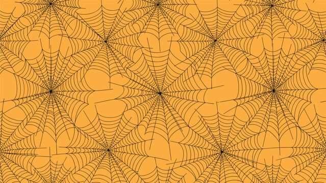 Dense pattern of overlapping spider webs in black ink creates a complex geometric texture on a bright orange background for halloween.