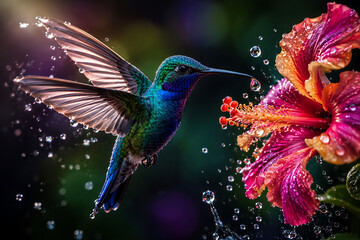 Obraz premium Vibrant Hummingbird Feeding From Tropical Flower With Water Droplets