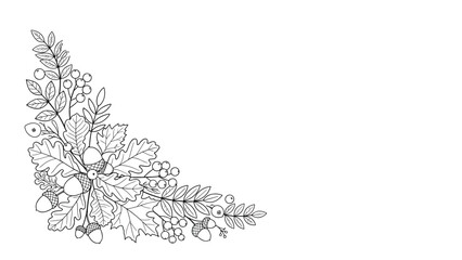 Fototapeta premium Autumn corner border featuring oak leaves acorns and berries in detailed line art style for seasonal greeting cards and designs.