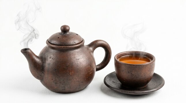 A rustic teapot pours steam near a cup of tea on a saucer