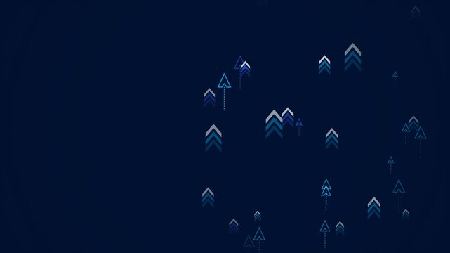 Abstract technology background loop featuring minimalist blue digital arrows and corporate chevrons rising up over a dark backdrop. Perfect for modern cyber business presentation slides