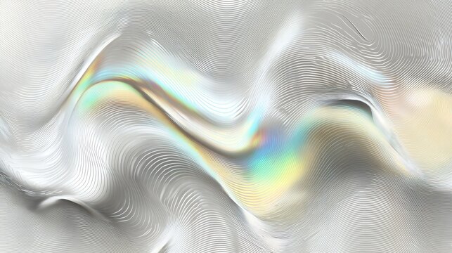 Abstract 3D silver metallic surface with fine fluid ridges and holographic iridescent rainbow liquid pools for modern luxury design.