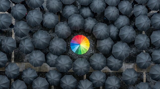 Top view of a single rainbow umbrella surrounded by black umbrellas arranged in a geometric pattern. Conceptual image representing diversity, inclusion, individuality, leadership, representation, and 