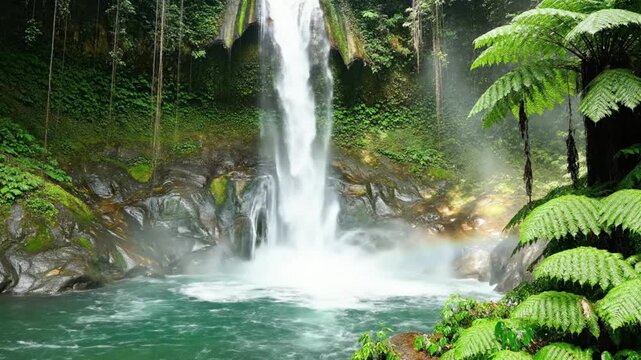 Lush waterfall cascading into a pristine pool surrounded by vibrant green tropical foliage with a vibrant rainbow