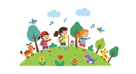 Obraz premium Children's illustration of three girls hiking on a green hill with backpacks, accompanied by stylized animals, singing birds, and colorful trees in a textured crayon art style.