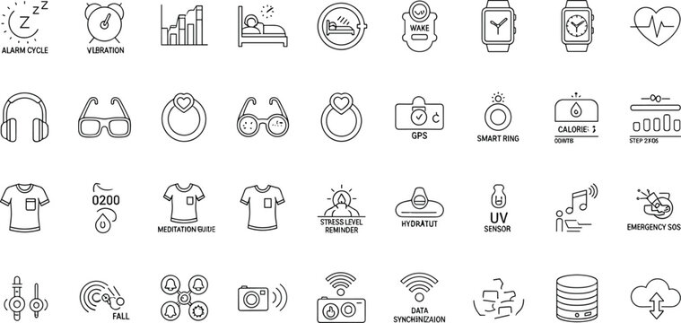 Wearable Technology Fitness Tracking And Health Monitoring Line Icons Set For Smart Lifestyle Vector Illustration Design