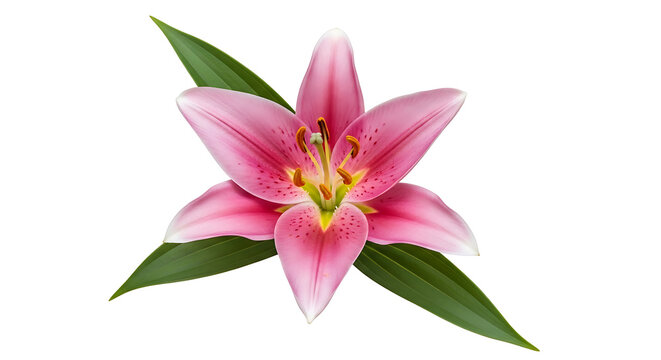 Pink lily flower with green leaves and yellow center close up