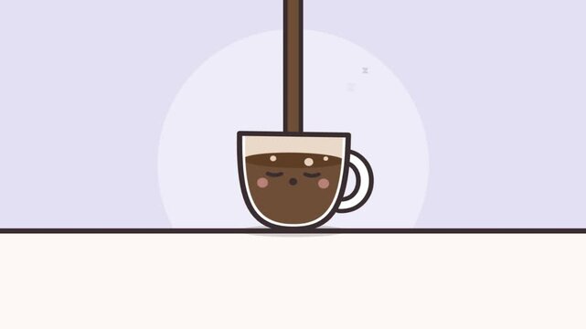 Cute animated coffee cup waking up and feeling energized