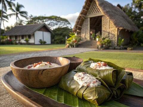 Traditional Tongan Lu Pulu Corned Beef Taro Leaves Coconut Cream, Carved Wood Bowl, Royal Fale Thatch Roof, Tropical Garden, Kingdom of Tonga
