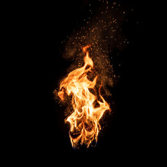 Fototapeta premium Fiery abstract dance of orange and yellow flames with glowing embers rising against a dark, mysterious backdrop, evoking warmth and energy