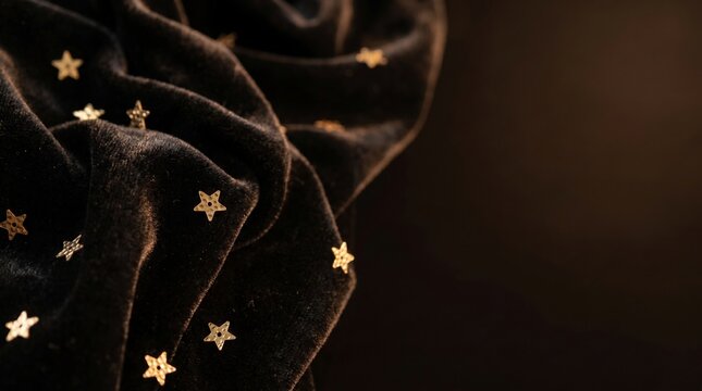 Luxurious black velvet fabric featuring elegant gold star sequins captured with soft moody cinematic lighting