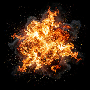 A powerful, fiery explosion erupts against a dark background, sending sparks and smoke billowing outwards
