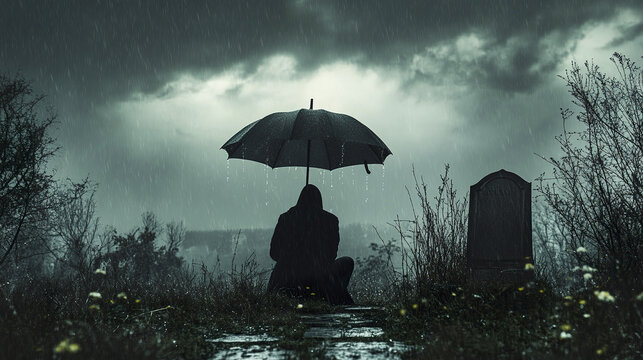 Solitary figure kneels in front of gravestone holding umbrella in rain under dark, cloudy sky, evoking somber and reflective mood in quiet cemetery setting