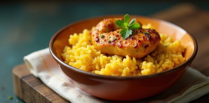 Chicken and rice in a vibrant annatto-colored bowl, colorful meal, annatto, food styling