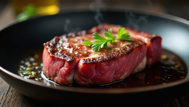Close-up of a rare steak sizzling in a hot pan with a subtle abstract background, savory flavor, evening dining, rare steak