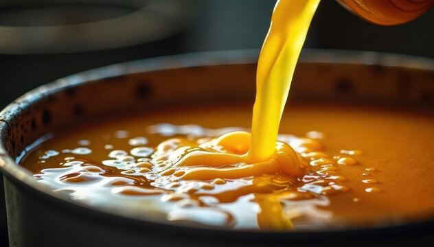 Close-up of beehoneyed liquid sloshing in a mash tun, yeast, beverage brewing process, hop