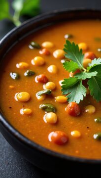 Close-up of richly flavored dhal with tender lentils and vegetables simmered in a flavorful broth , red lentil soup, curry powder, lentil dhal