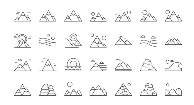 Comprehensive set of minimalist outline icons featuring mountain peaks, hilly landscapes, sunrises, clouds, and waves. Clean vector line art style for nature, hiking, and outdoor exploration.