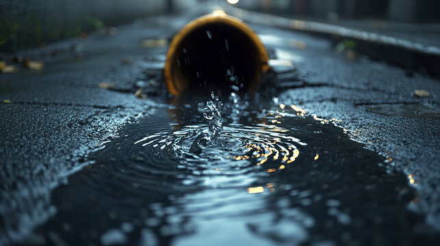 Steady stream of rainwater drips from broken drain pipe onto wet asphalt surface, creating ripples and reflections in puddle under dim lighting conditions