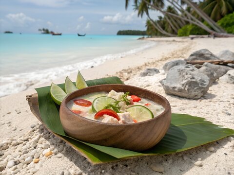 Traditional Tongan 'Ota 'Ika Raw Fish Coconut Lime, Ha'atafu Beach, White Sand, Coral Rocks, Turquoise Ocean, Kingdom of Tonga
