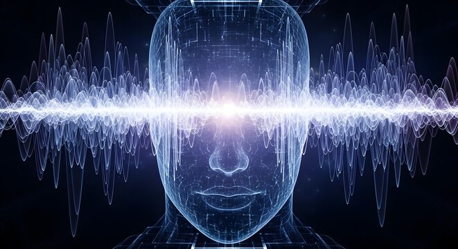 Abstract Representation of Human Mind and Technology Interconnection, Brainwaves Visualizing Thought Processes and Digital Consciousness