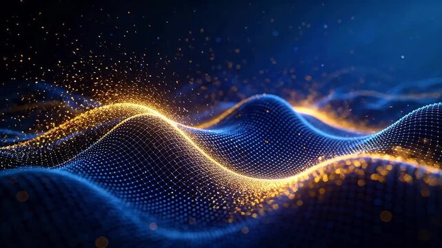 Abstract wave grid structure with golden light points on dark blue background