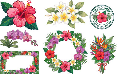 Tropical Floral Collection Featuring Hibiscus Plumeria and Orchids for Summer Vacation Island Style Wedding and Invitation Graphic Design © SeeShoyagini