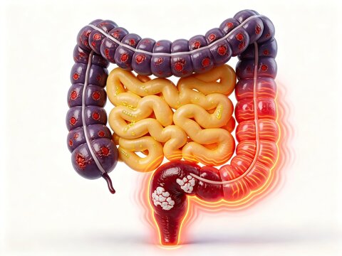 3D human intestine anatomy with colon suture and inflamed lesion for gastroenterology surgical education