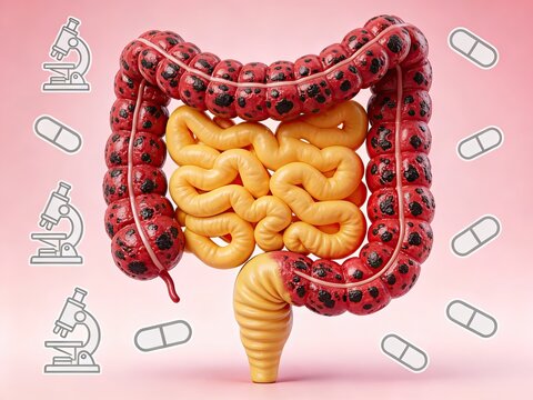 3D human intestine anatomy with colon suture and inflamed lesion for gastroenterology surgical education