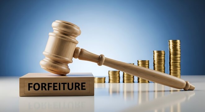 A wooden gavel resting on a block with the word forfeiture and gold coins