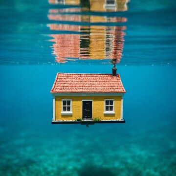 Miniature Yellow House Floating In Turquoise Water