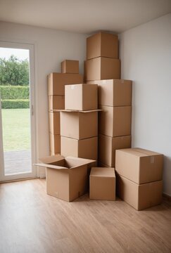 Empty Room With Stack Of Cardboard Moving Boxes Against Wall