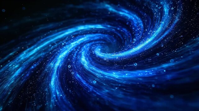 Blue spiral vortex with glowing hexagonal particles in dark space