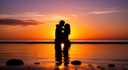 Fototapeta premium Romantic Couple Silhouetted Against a Fiery Sunset on a Beach.