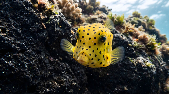 Adorable yellow boxfish swimming gracefully near a textured black ocean stone
