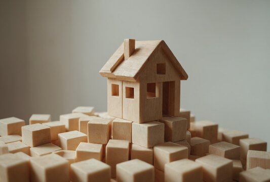 abstract financial blocks squeezing small wooden house model on