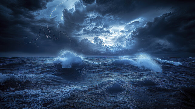 Vast open ocean under furious thunderstorm with dark clouds and bright lightning illuminating turbulent waves, creating dramatic and powerful seascape scene