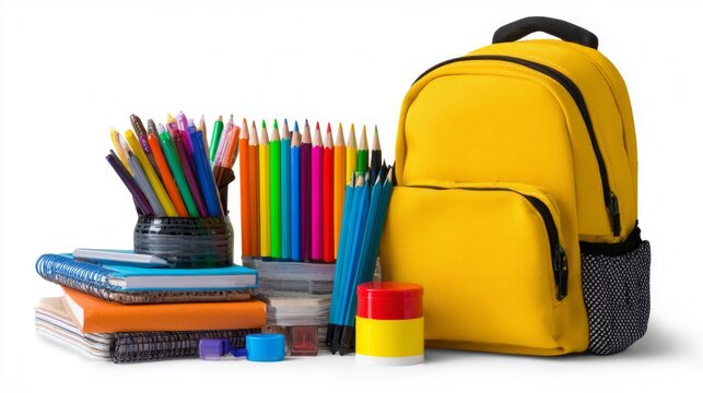 School supplies collection isolated on white background featuring notebooks, pencils, rulers, markers, scissors and essential educational stationery, back to school learning concept with organized cla