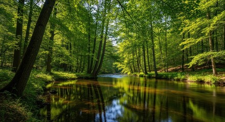 Fototapeta premium Serene Forest River Reflecting Lush Green Trees and Sunlight.